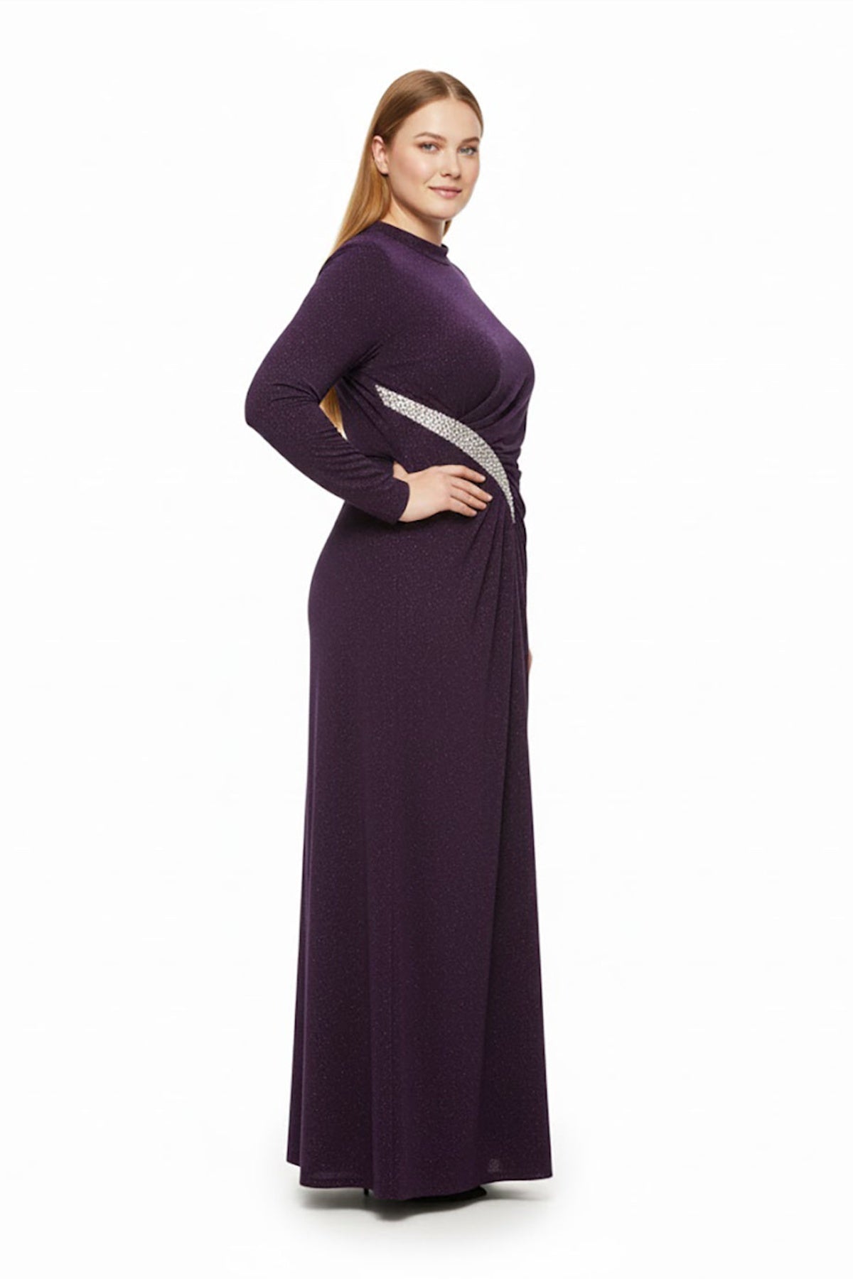 Plus‑Size Avondjurk Met Steenversiering In De Taille, Lange Mouwen — Paars