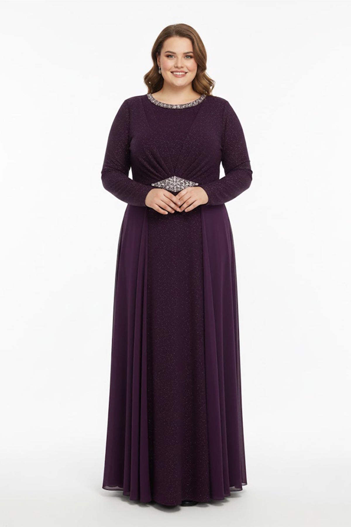 Plus‑Size Round‑Neck Embellished Evening Dress — Purple