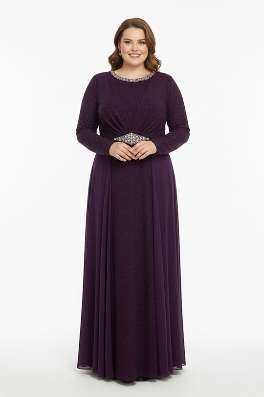 Plus - Size Avondjurk Met Ronde Hals En Steentjes — Paars