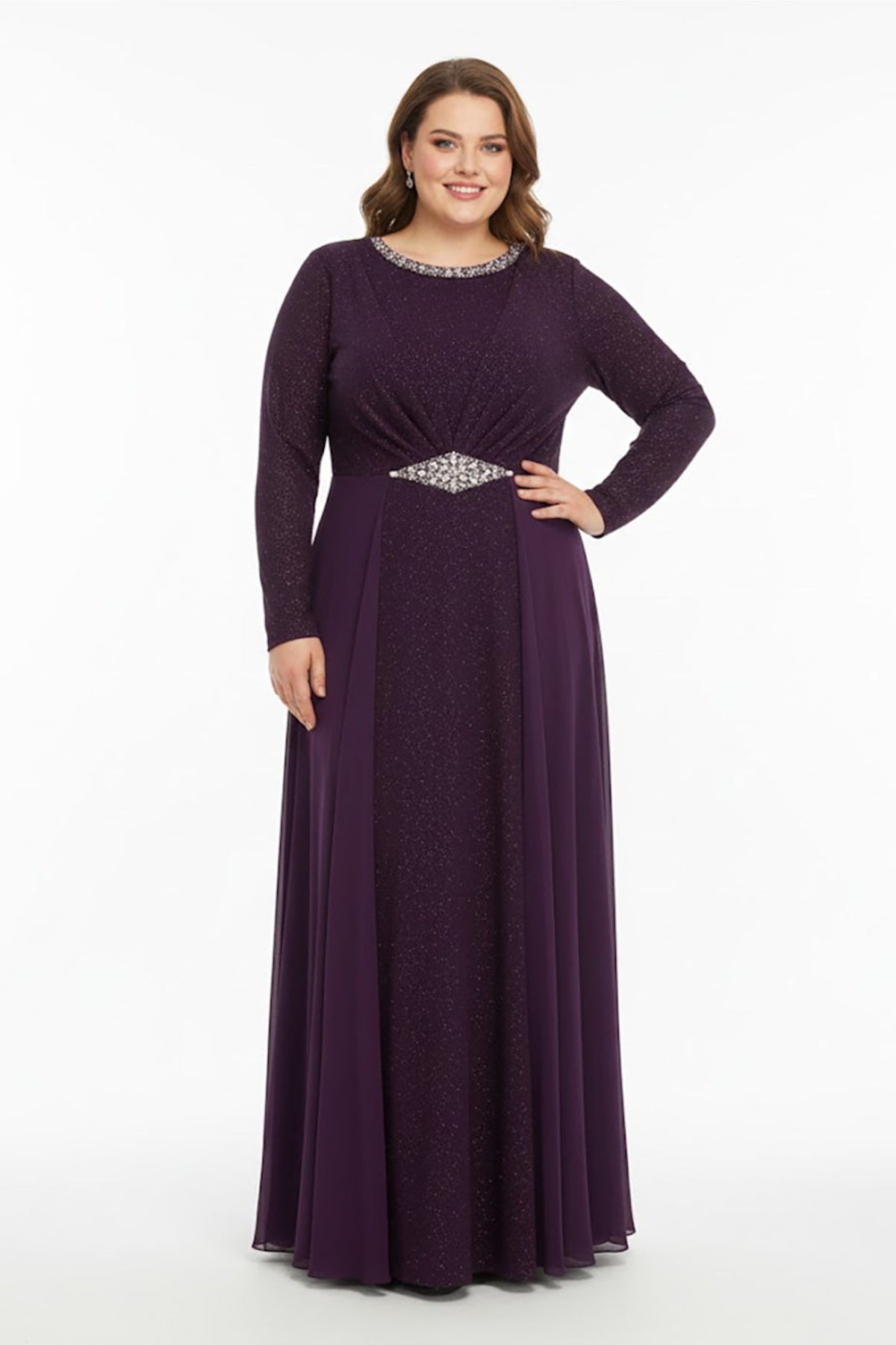 Plus‑Size Round‑Neck Embellished Evening Dress — Purple