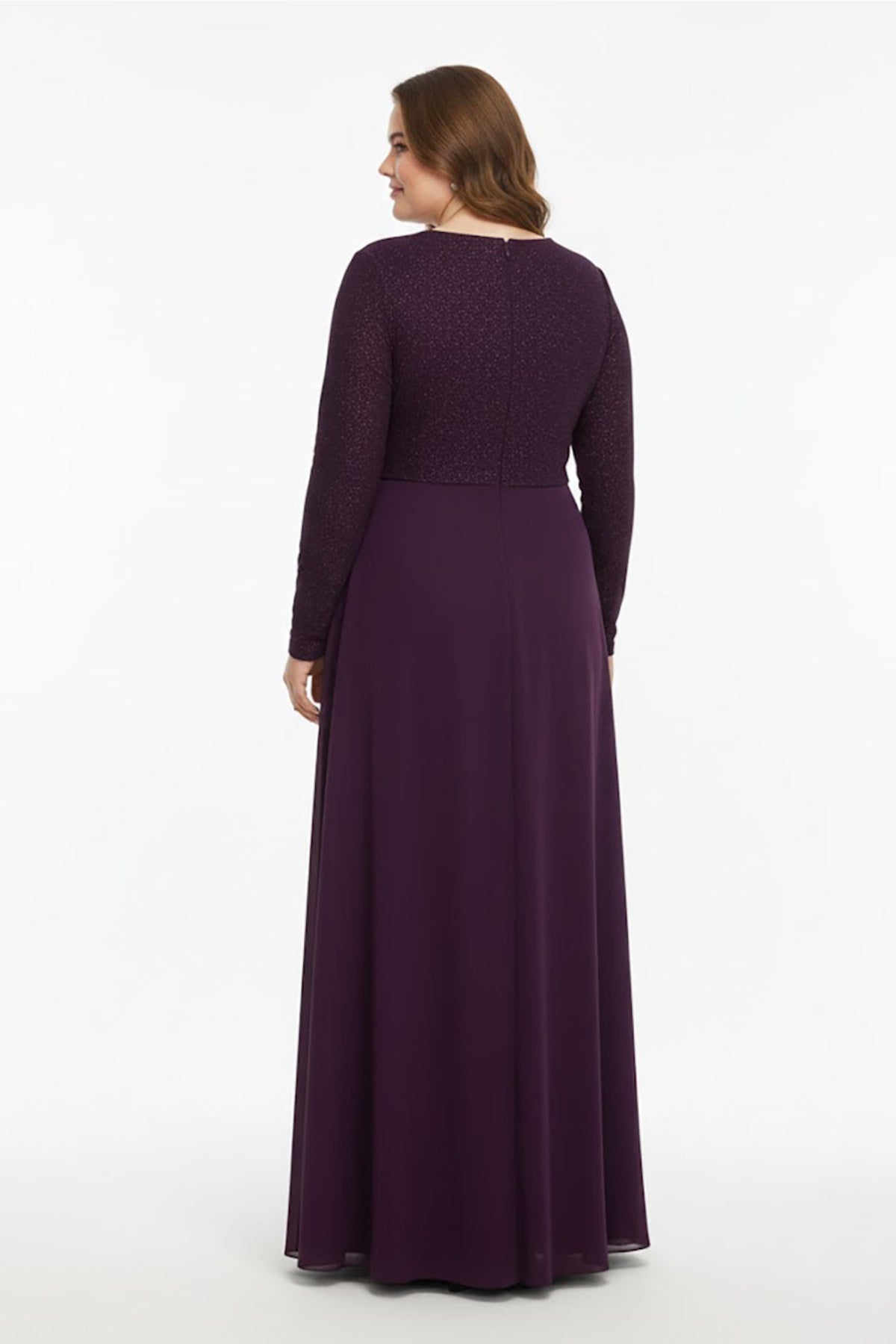 Plus‑Size Round‑Neck Embellished Evening Dress — Purple
