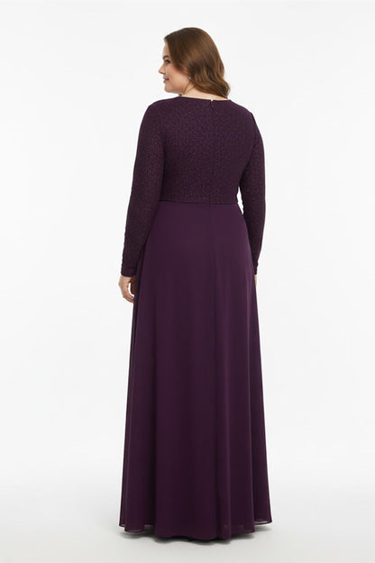 Plus‑Size Round‑Neck Embellished Evening Dress — Purple