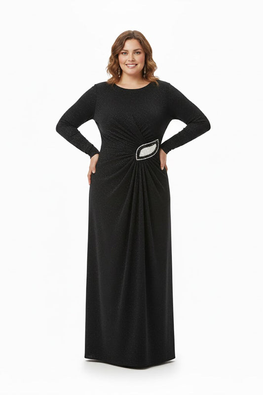 Abendkleid In Großen Größen Mit Steindetail An Der Taille, Lange Ärmel — Schwarz