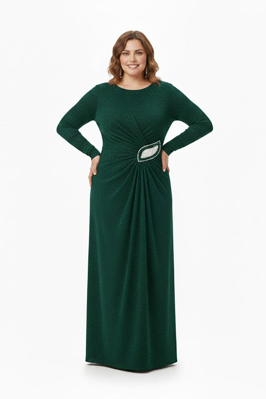 Plusmaat Avondjurk Met Lange Mouwen En Sierdetails In De Taille — Groen