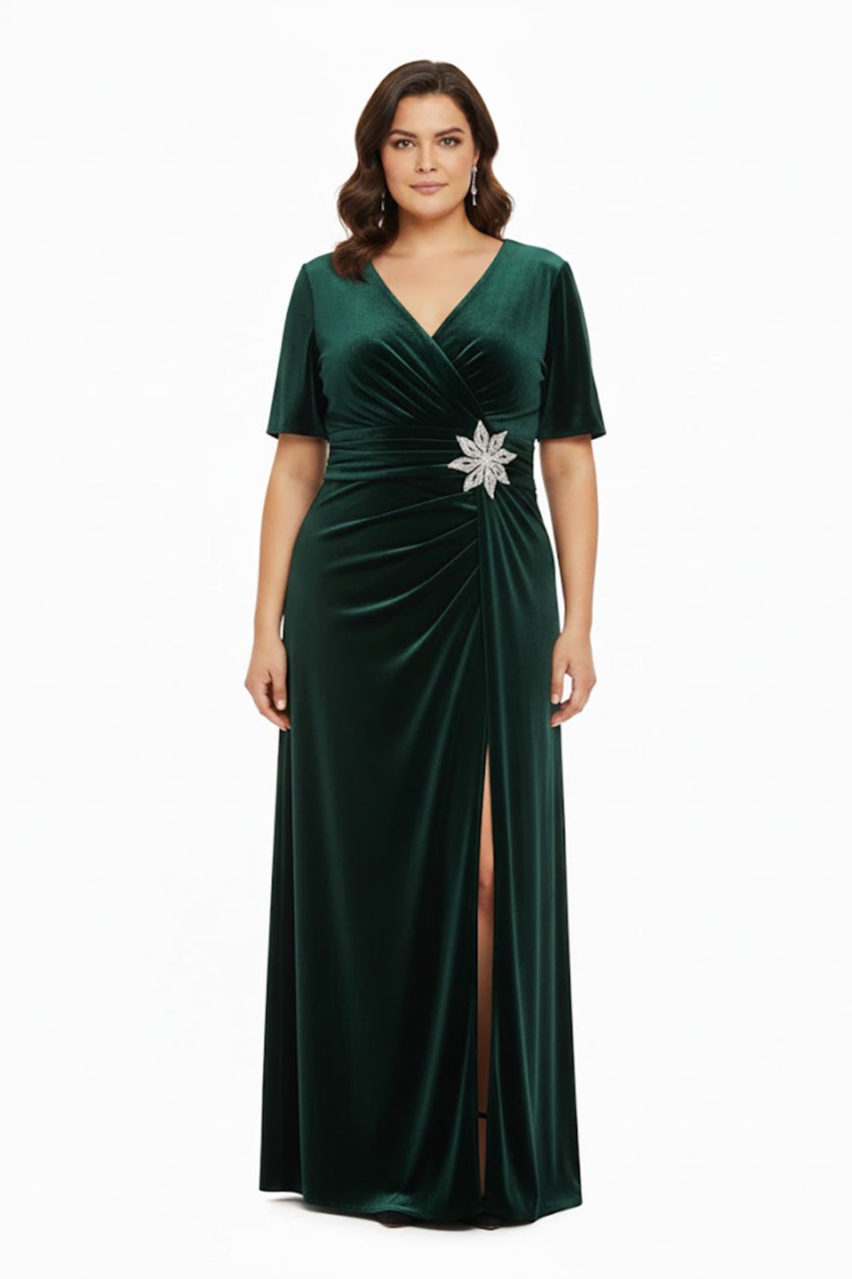 Plus‑Size Evening Dress With Floral Stone Waist Detail — Green
