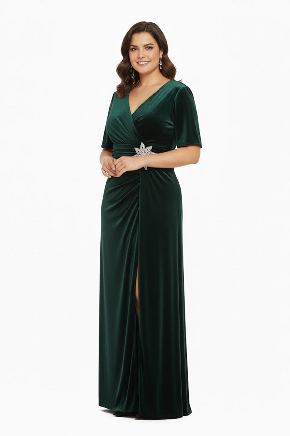 Plus‑Size Evening Dress With Floral Stone Waist Detail — Green
