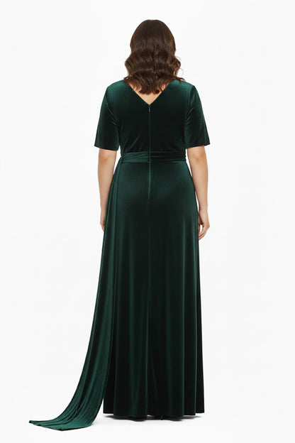 Plus‑Size Evening Dress With Floral Stone Waist Detail — Green