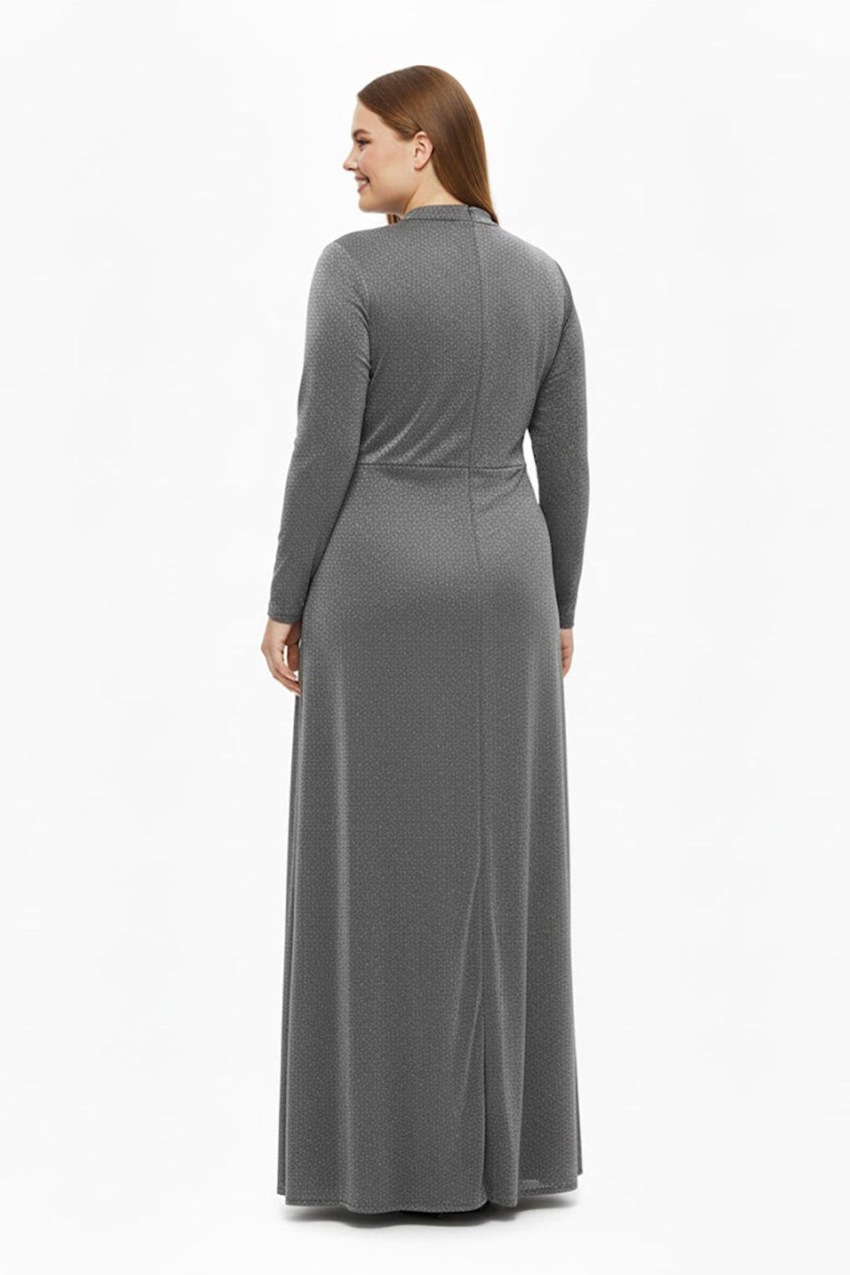 Büyük Beden Beli Taş Detaylı Uzun Kol Abiye  Gri