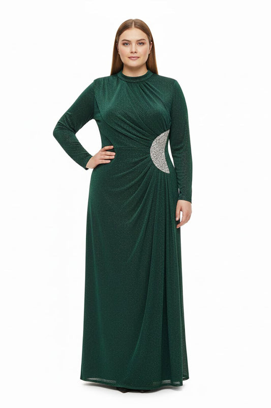 Langarm‑Abendkleid In Großen Größen Mit Taillen‑Steindetail — Grün