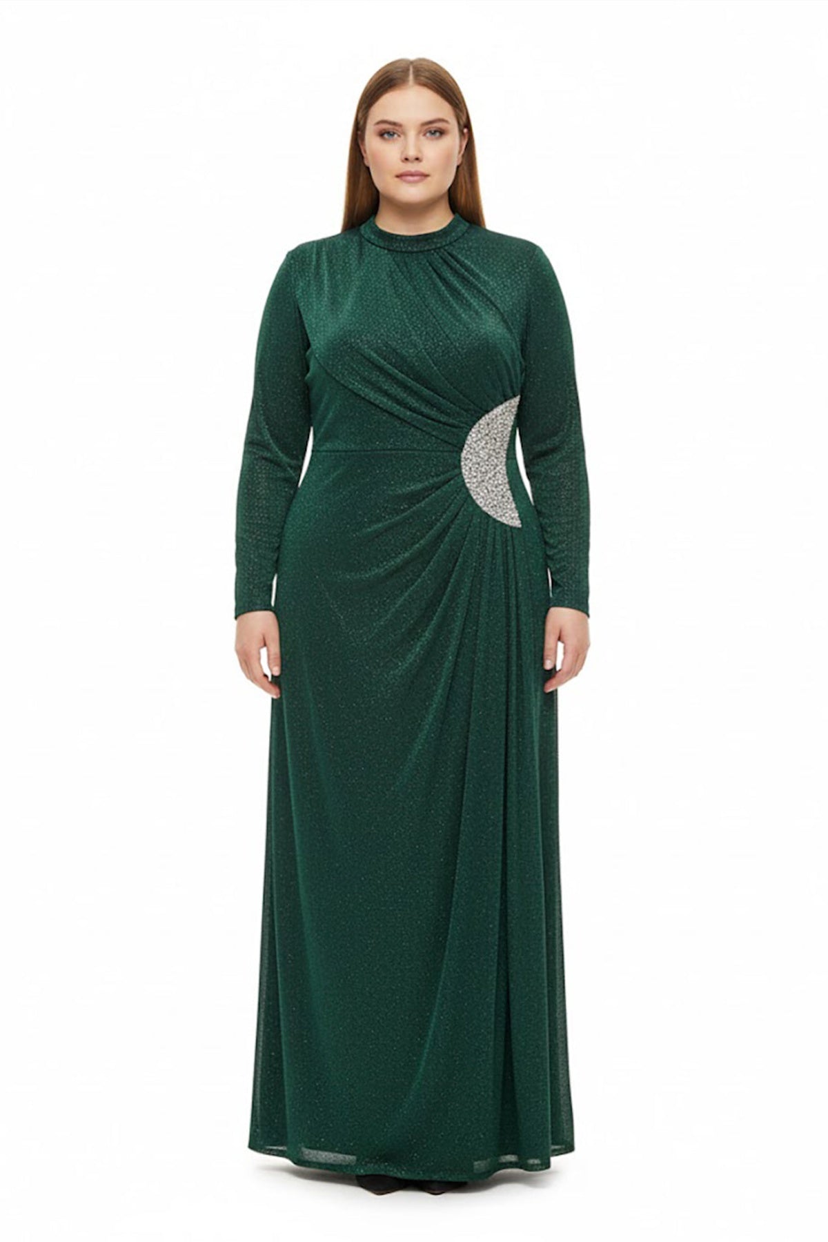 Büyük Beden Beli Taş Detaylı Uzun Kol Abiye  Yeşil