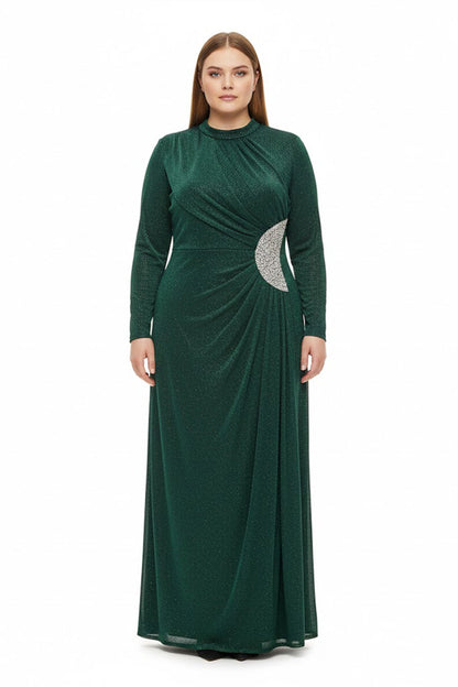 Büyük Beden Beli Taş Detaylı Uzun Kol Abiye  Yeşil