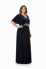 Robe De Soirée Grande Taille Manches Courtes, Taille Ornée De Pierres — Bleu Marine