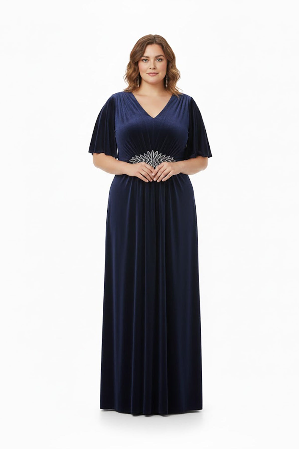 Plus‑Size Avondjurk Korte Mouw Met Stenen In De Taille — Marineblauw