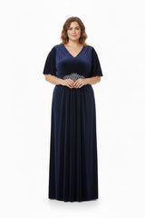Robe De Soirée Grande Taille Manches Courtes, Taille Ornée De Pierres — Bleu Marine