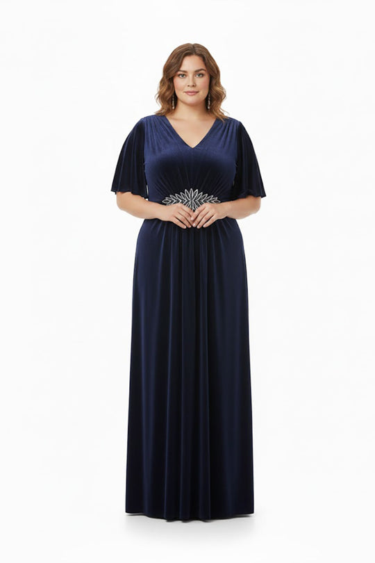 Plus‑Size Avondjurk Korte Mouw Met Stenen In De Taille — Marineblauw
