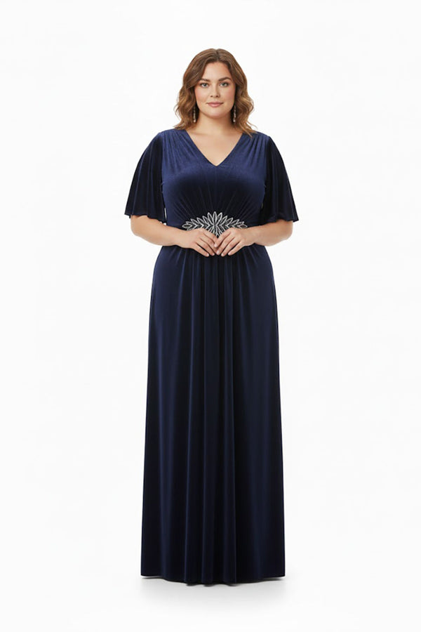 Plus‑Size Avondjurk Korte Mouw Met Stenen In De Taille — Marineblauw