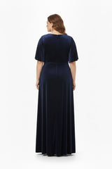 Robe De Soirée Grande Taille Manches Courtes, Taille Ornée De Pierres — Bleu Marine