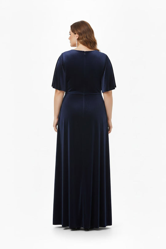 Plus‑Size Avondjurk Korte Mouw Met Stenen In De Taille — Marineblauw