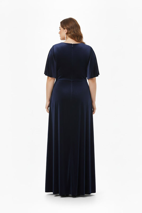 Plus‑Size Avondjurk Korte Mouw Met Stenen In De Taille — Marineblauw