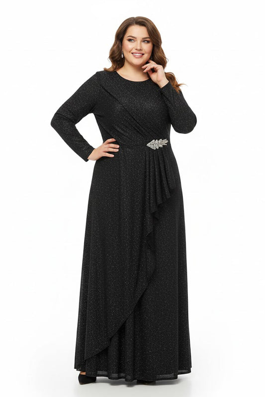 Abendkleid In Großen Größen Mit Taillendetail, Lange Ärmel — Schwarz