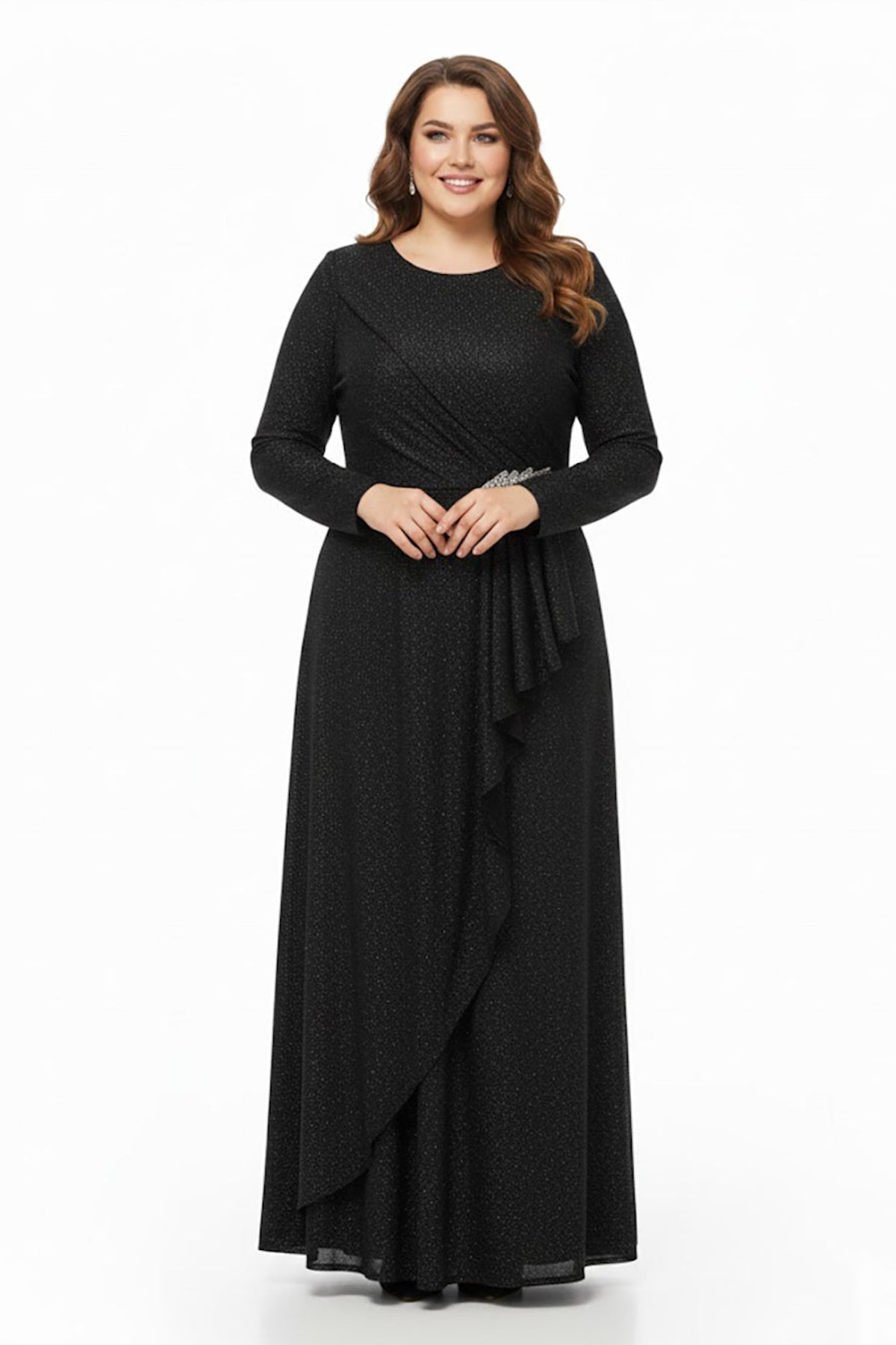 Plus‑Size Long‑Sleeve Evening Dress With Waist Detail — Black