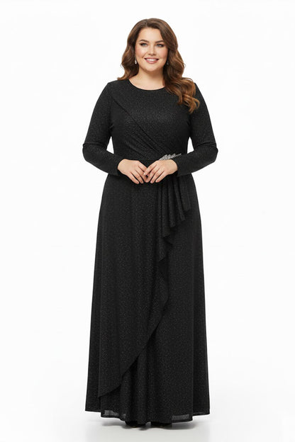 Plus‑Size Long‑Sleeve Evening Dress With Waist Detail — Black