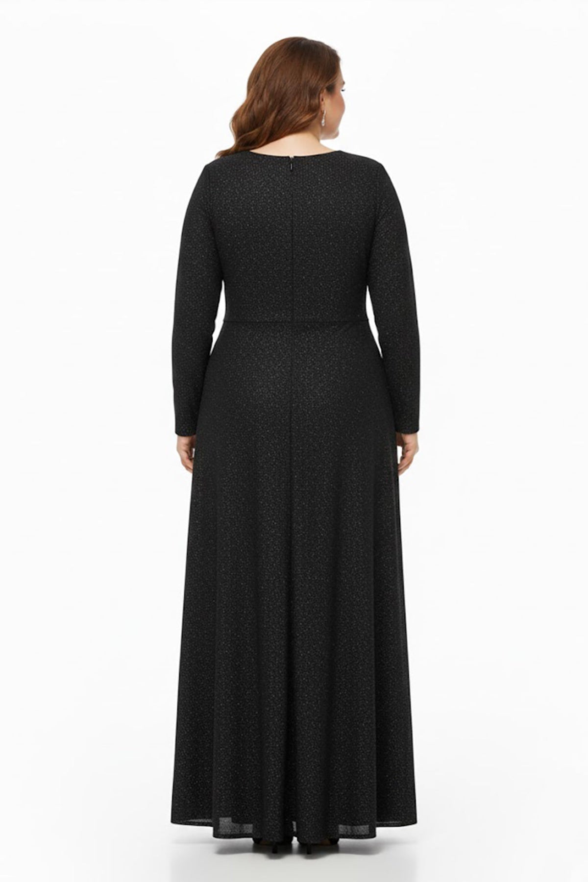 Plus‑Size Long‑Sleeve Evening Dress With Waist Detail — Black