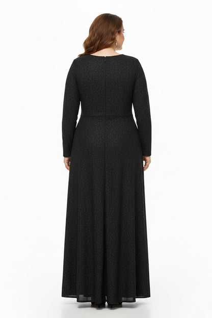 Plus‑Size Long‑Sleeve Evening Dress With Waist Detail — Black