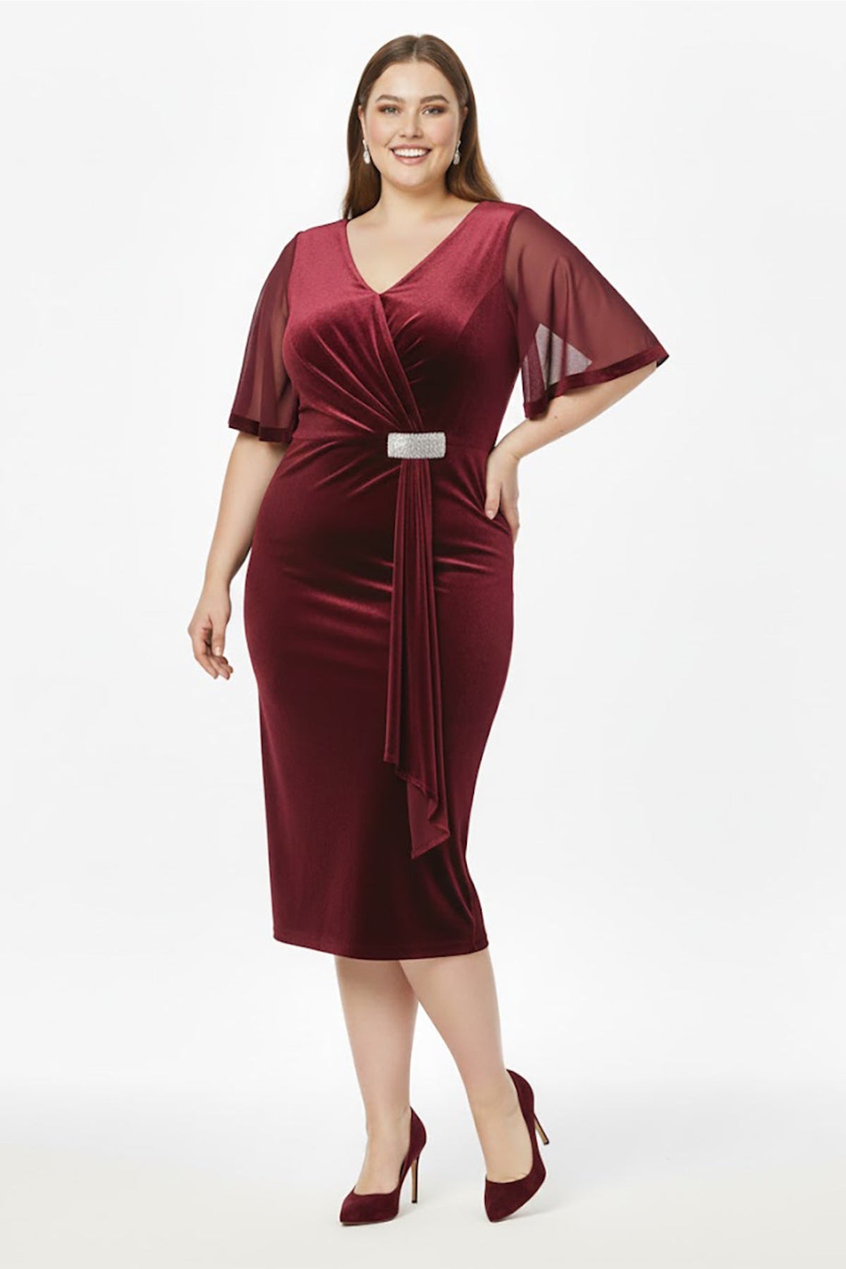 Plus - Size Velvet Evening Dress With Stone - Detail Waist And Tulle Sleeves In Burgundy