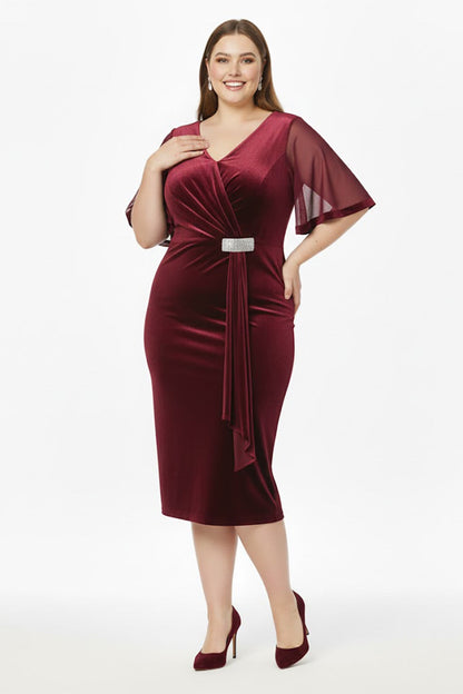 Plus - Size Velvet Evening Dress With Stone - Detail Waist And Tulle Sleeves In Burgundy