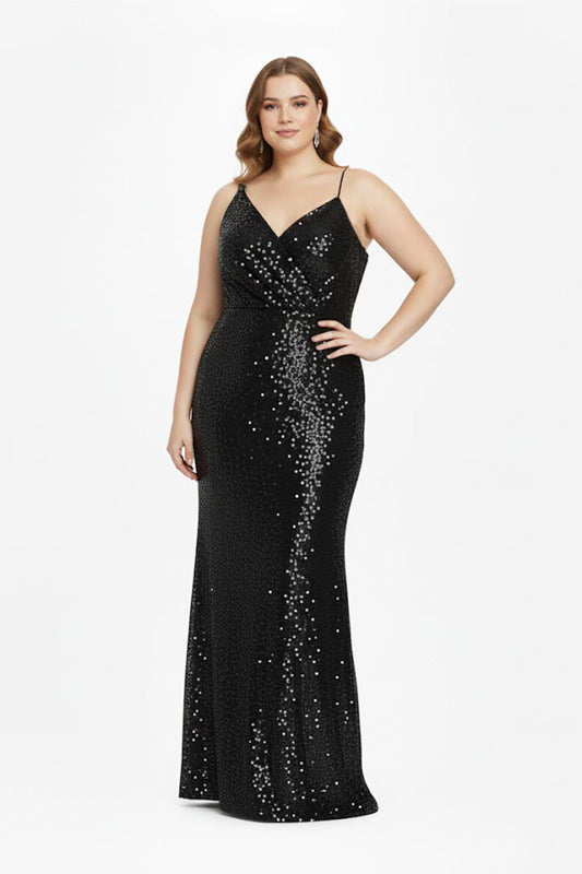 Plus - Size Schulterfreies Pailletten - Samtkleid – Schwarz