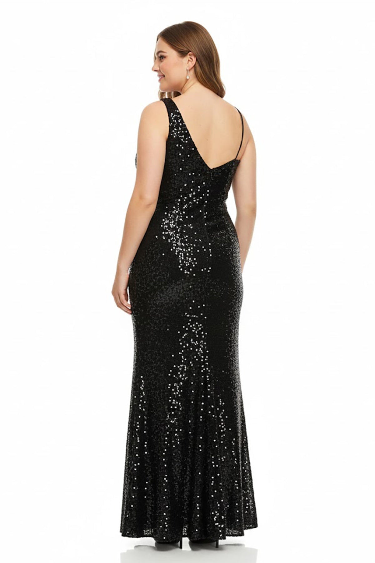 Plus - Size One - Shoulder Pailletten Fluwelen Jurk - Zwart