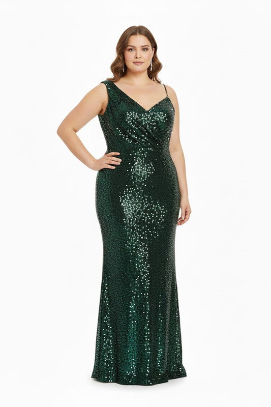 Plus - Size Schulterfreies Pailletten - Samtkleid – Grün