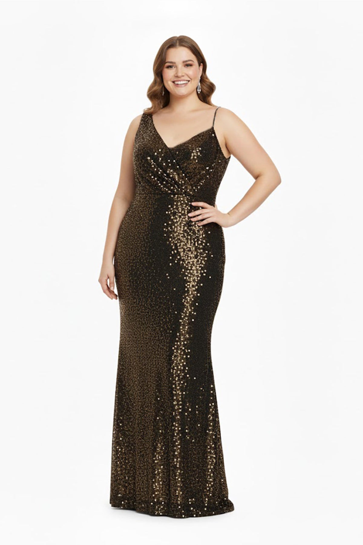 Plus - Size One - Shoulder Sequin Velvet Gown - Yellow