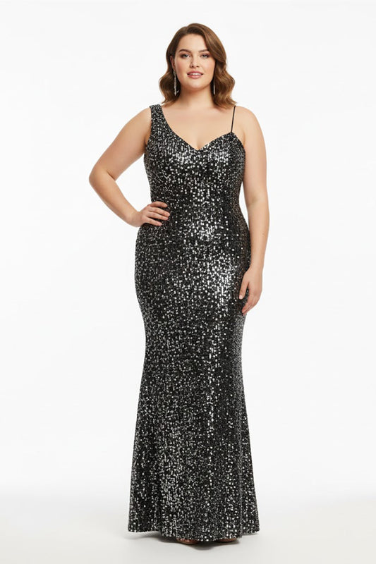 Plus - Size One - Shoulder Sequin Velvet Gown, Grey