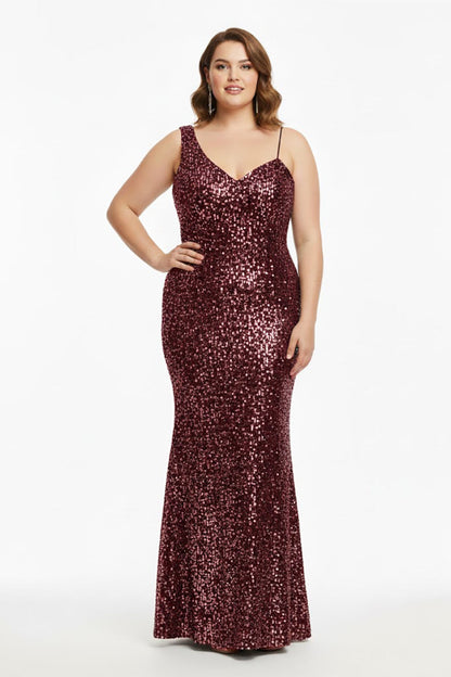 Plus‑Size One‑Shoulder Sequin Velvet Evening Dress — Burgundy