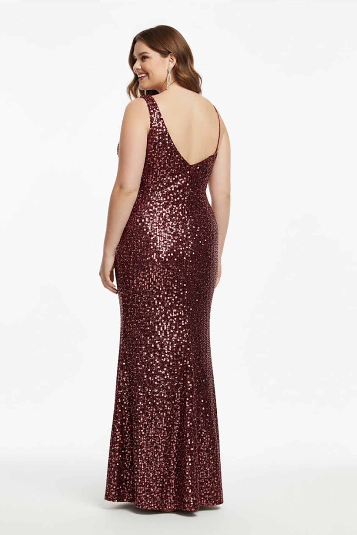 Plus‑Size One‑Shoulder Sequin Velvet Evening Dress — Burgundy