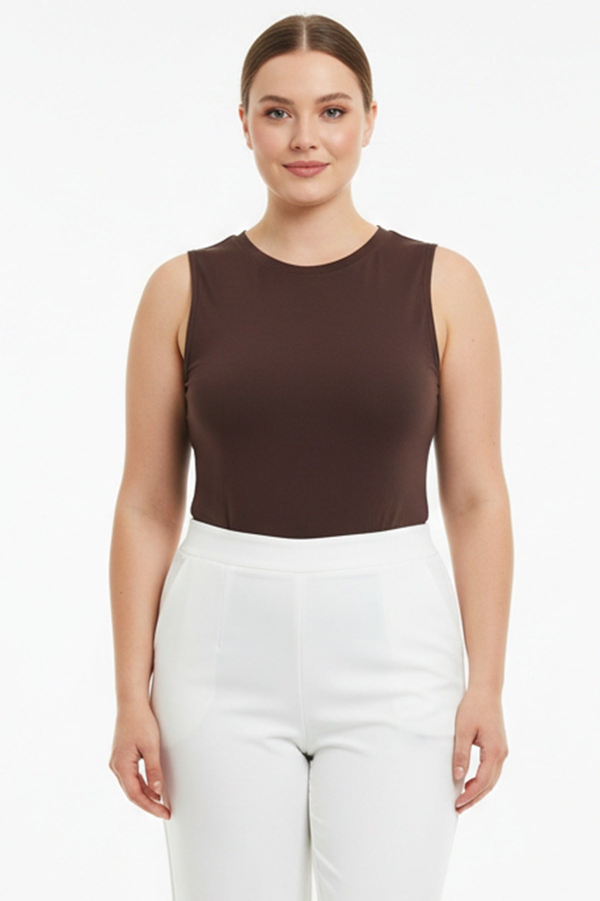 Brown Sleeveless Crew - Neck Body Top