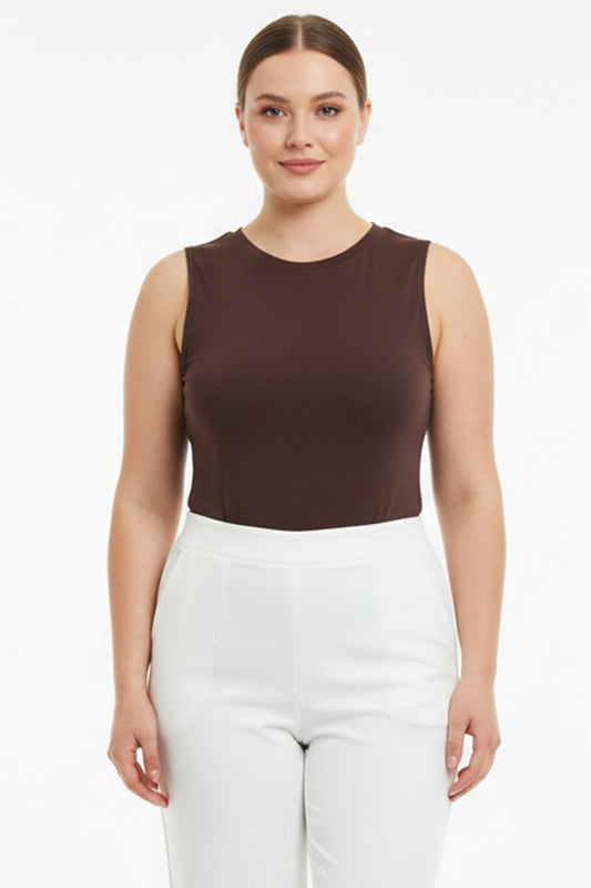 Kadın Bisiklet Yaka Kolsuz Zıbın Bluz  Kahverengi