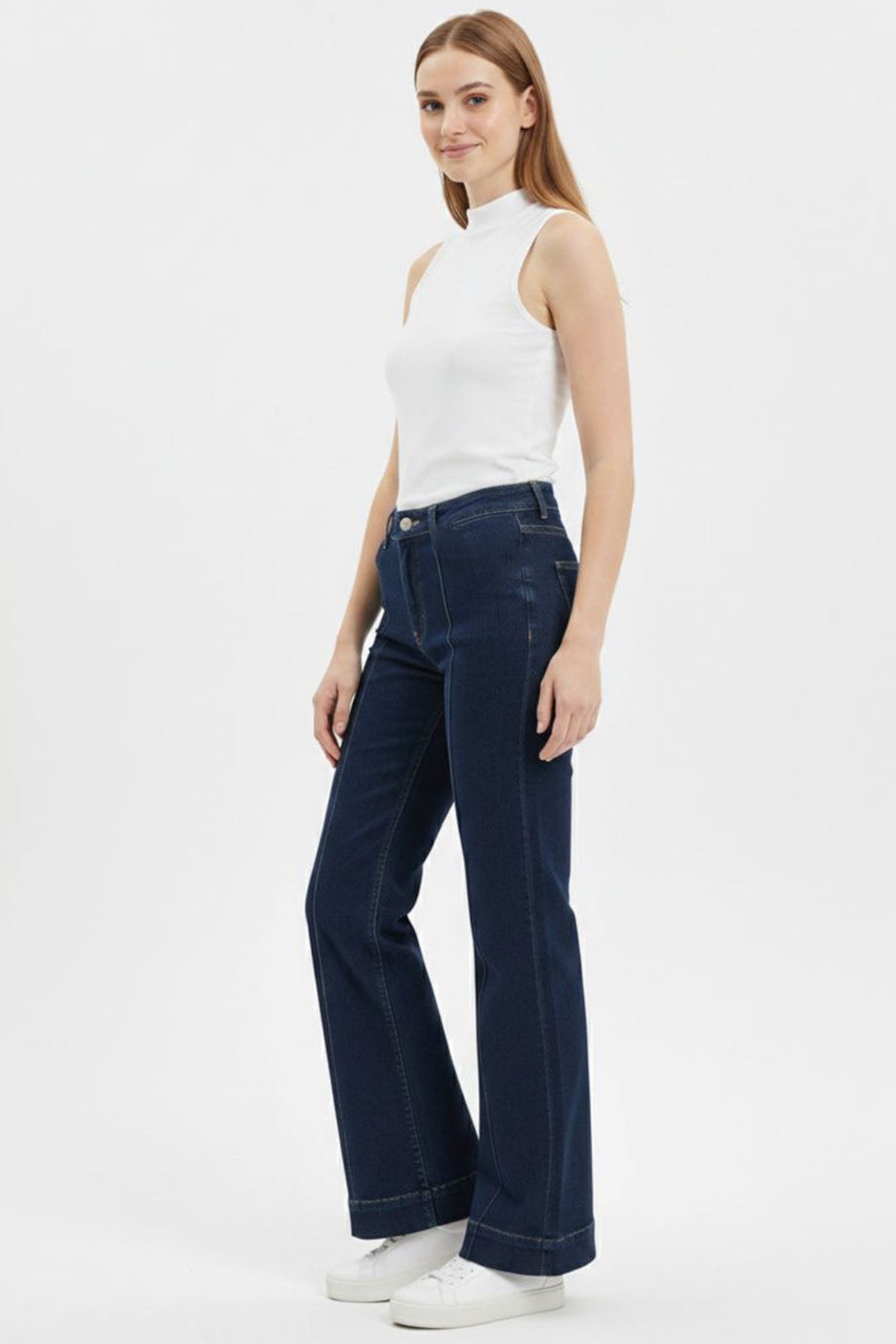 Voorpand‑Naad Wijde‑Pijpen Jeans — Navy