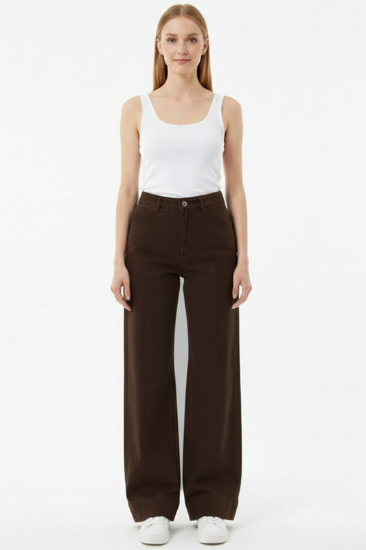 Kadın Önü Çimalı Bol Paça Kot Pantolon  Kahverengi