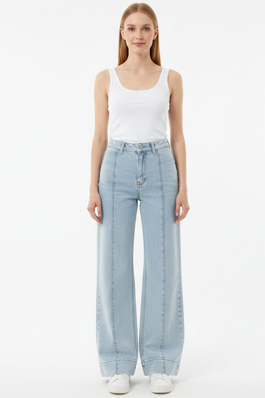 Kadın Önü Çimalı Bol Paça Kot Pantolon  Mavi