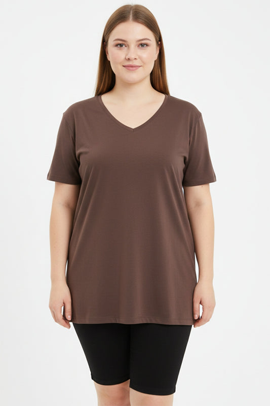 Büyük Beden Oversize V Yaka Tshırt  Kahverengi