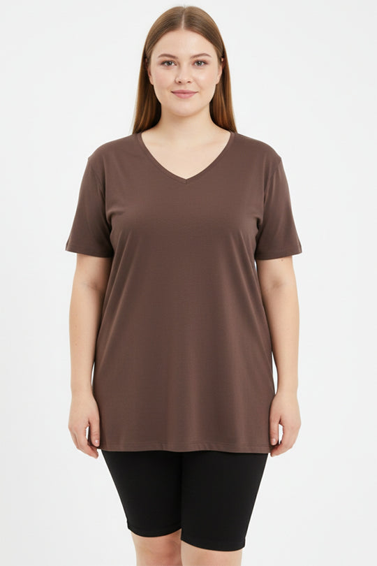 Oversized V - Hals T - Shirt — Bruin (Plusmaat)