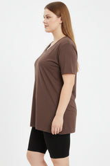 T - Shirt Oversize À Col V — Marron (Grandes Tailles)