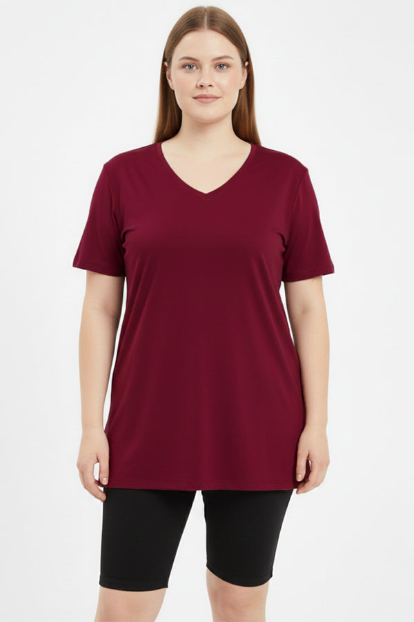 Oversized T - Shirt Met V - Hals, Grote Maten, Bordeaux