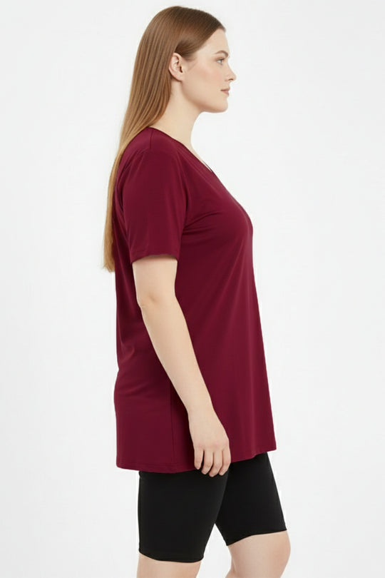 Oversized T - Shirt Met V - Hals, Grote Maten, Bordeaux