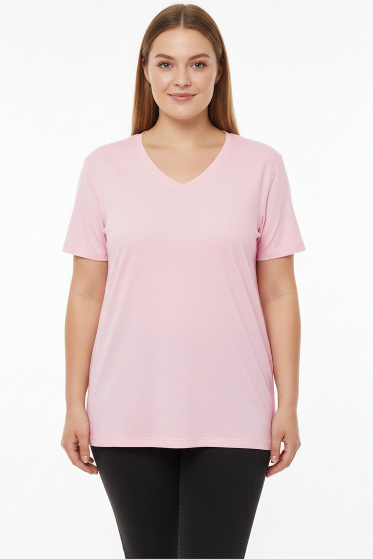 Oversized T - Shirt Met V - Hals, Grote Maten, Roze