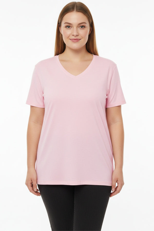 Oversized T - Shirt Met V - Hals, Grote Maten, Roze