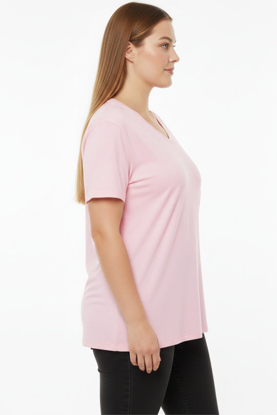 Oversized T - Shirt Met V - Hals, Grote Maten, Roze